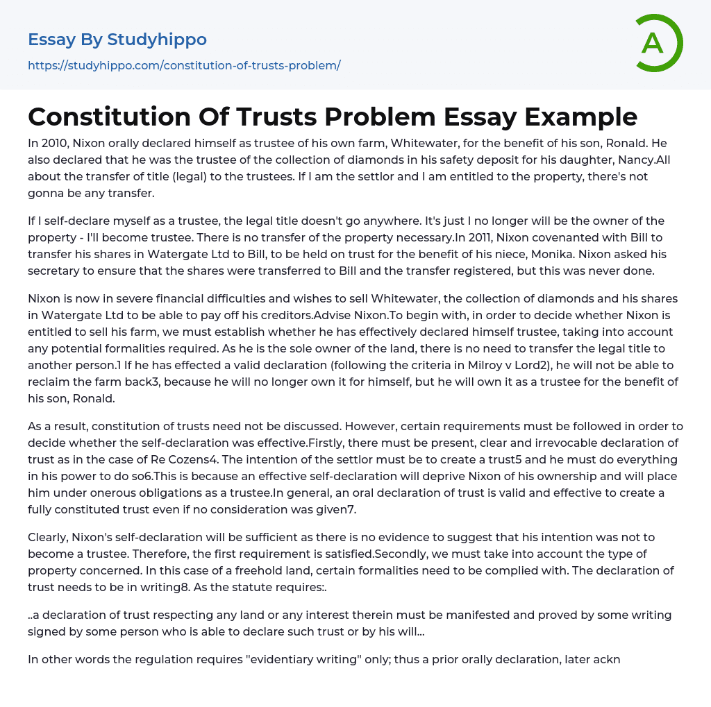 Constitution Of Trusts Problem Essay Example
