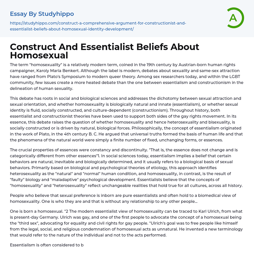 Construct And Essentialist Beliefs About Homosexual Essay Example