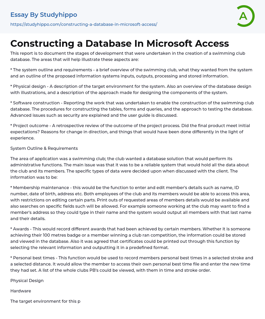 Constructing a Database In Microsoft Access Essay Example
