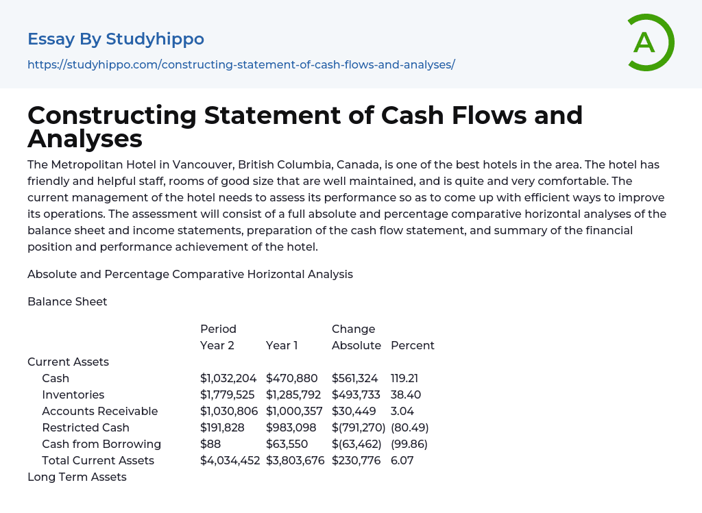 Constructing Statement of Cash Flows and Analyses Essay Example