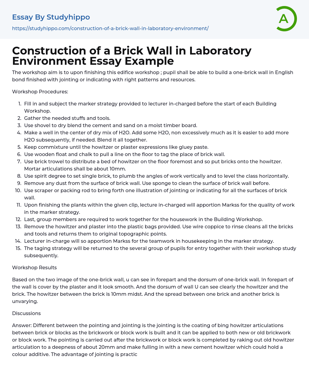 Construction of a Brick Wall in Laboratory Environment Essay Example