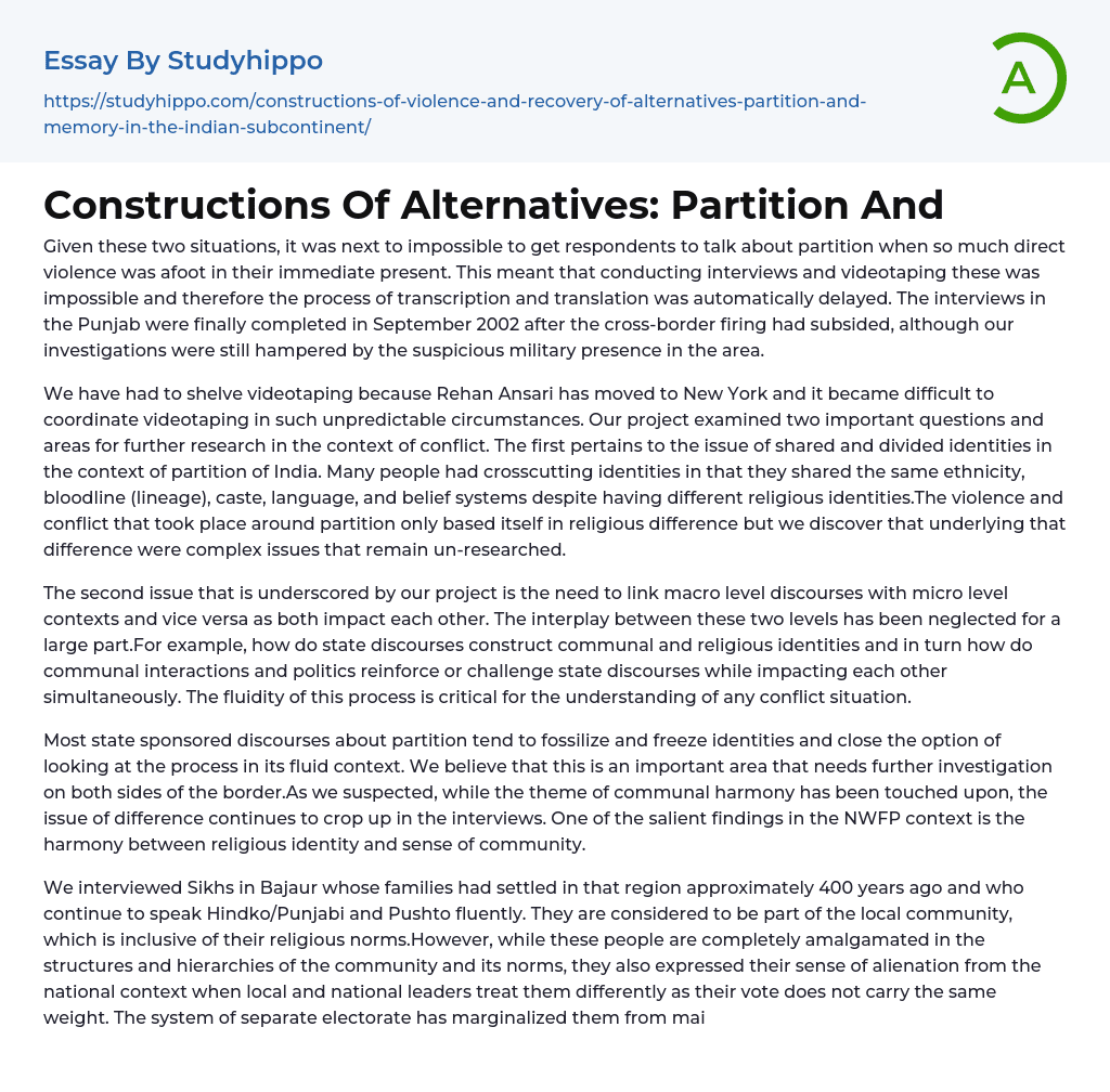 Constructions Of Alternatives: Partition And Essay Example