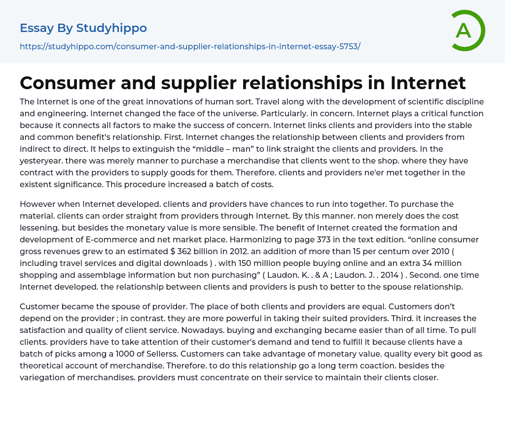 Consumer and supplier relationships in Internet Essay Example