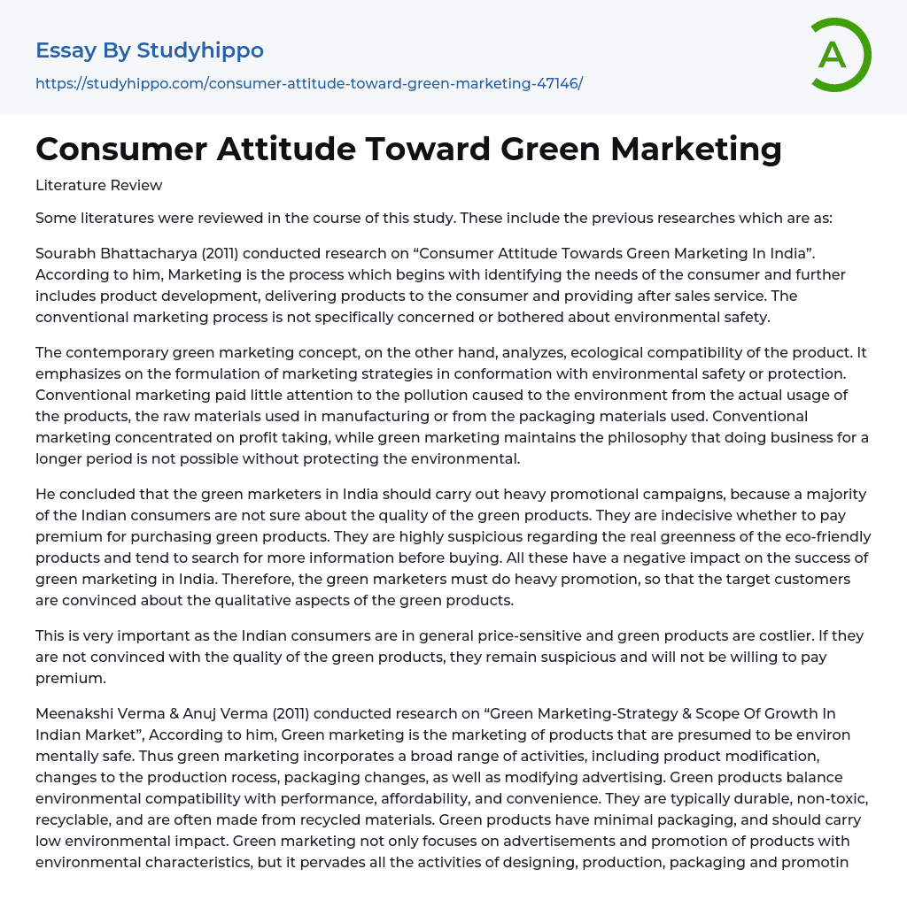 Consumer Attitude Toward Green Marketing Essay Example