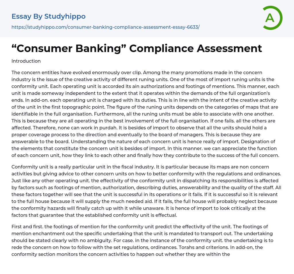 “Consumer Banking” Compliance Assessment