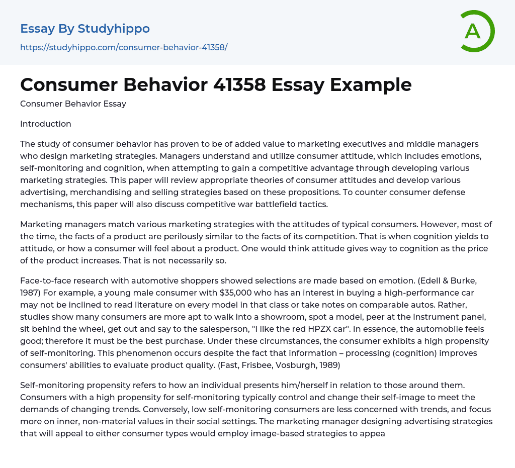 Consumer Behavior 41358 Essay Example