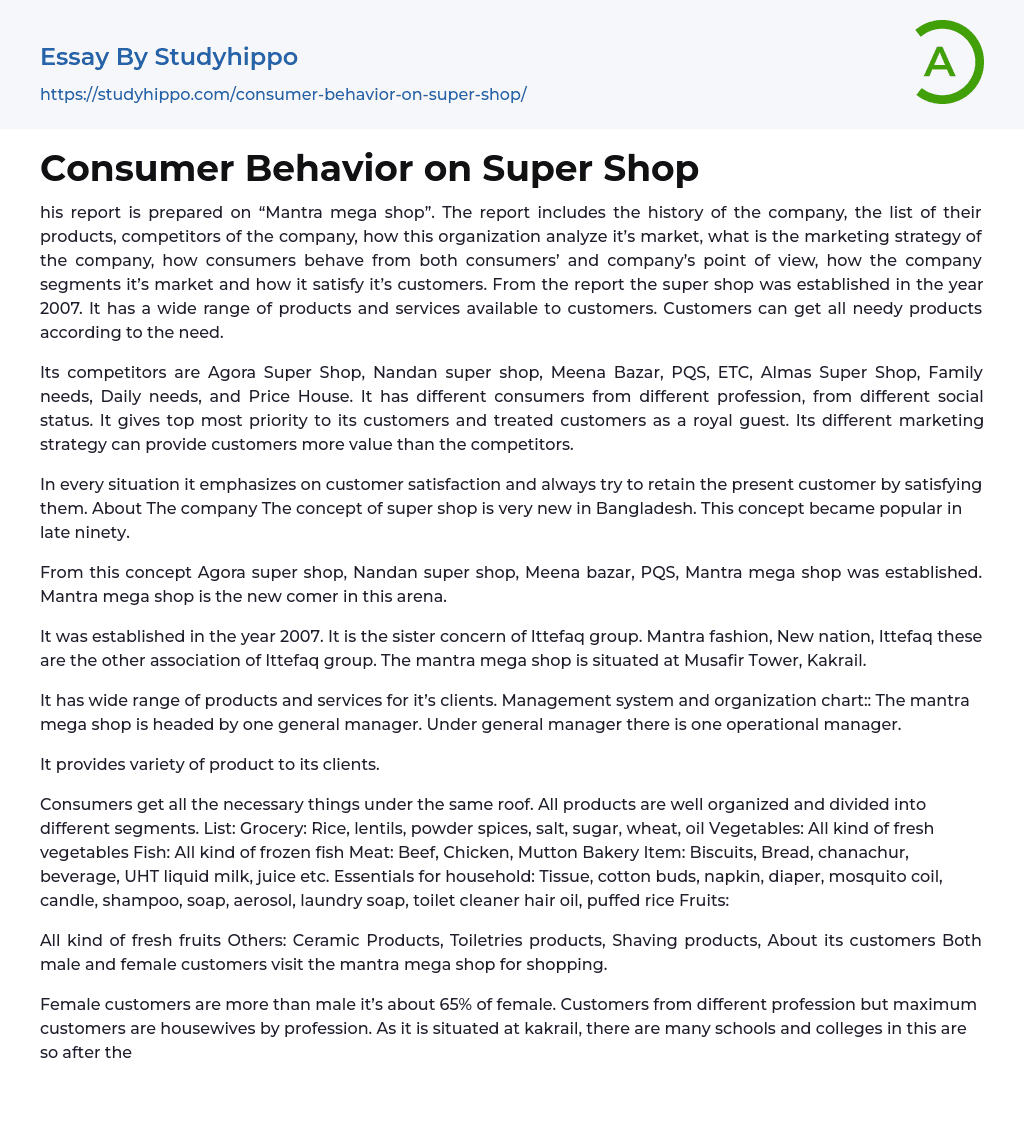 Consumer Behavior on Super Shop Essay Example