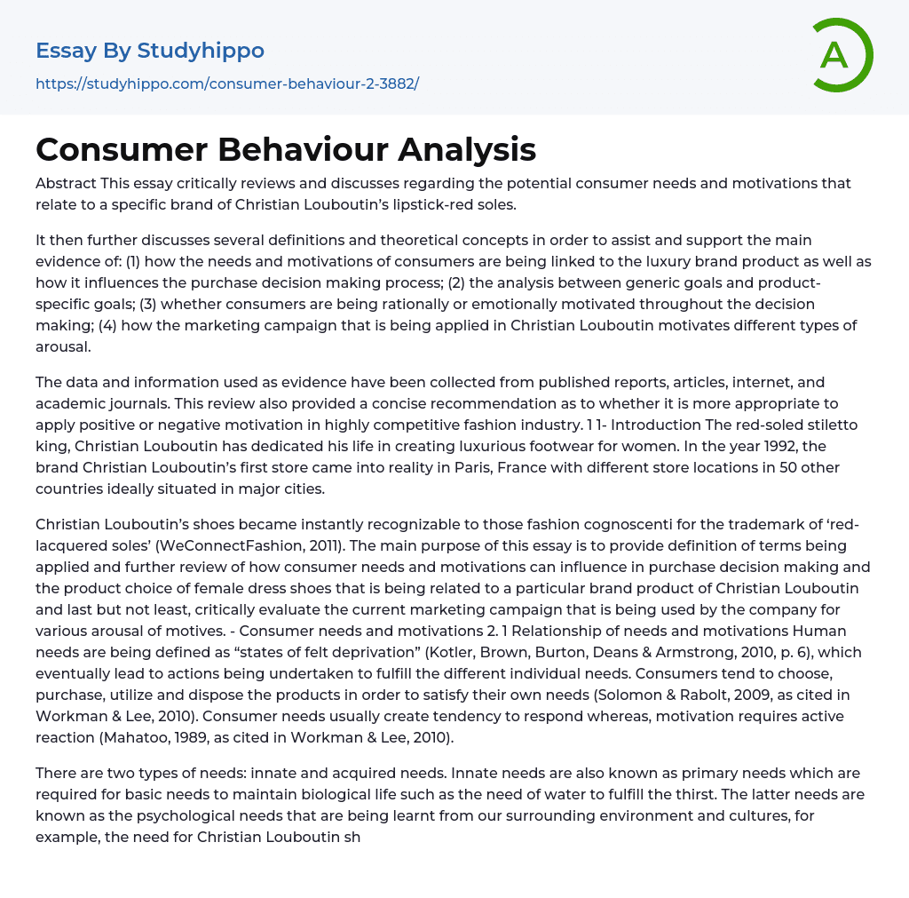 Consumer Behaviour Analysis Essay Example