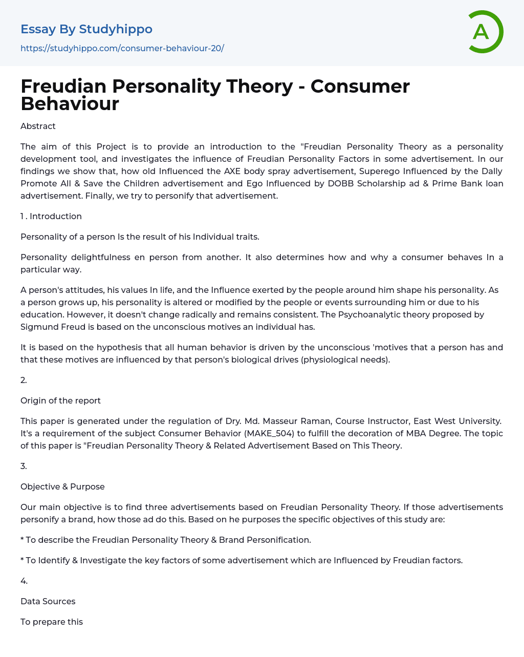 Freudian Personality Theory – Consumer Behaviour Essay Example