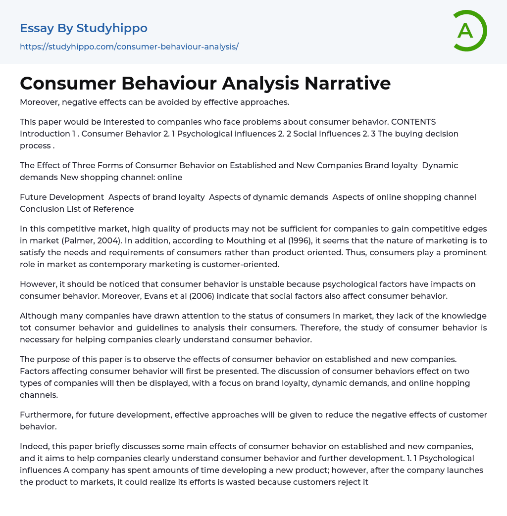 Consumer Behaviour Analysis Narrative Essay Example