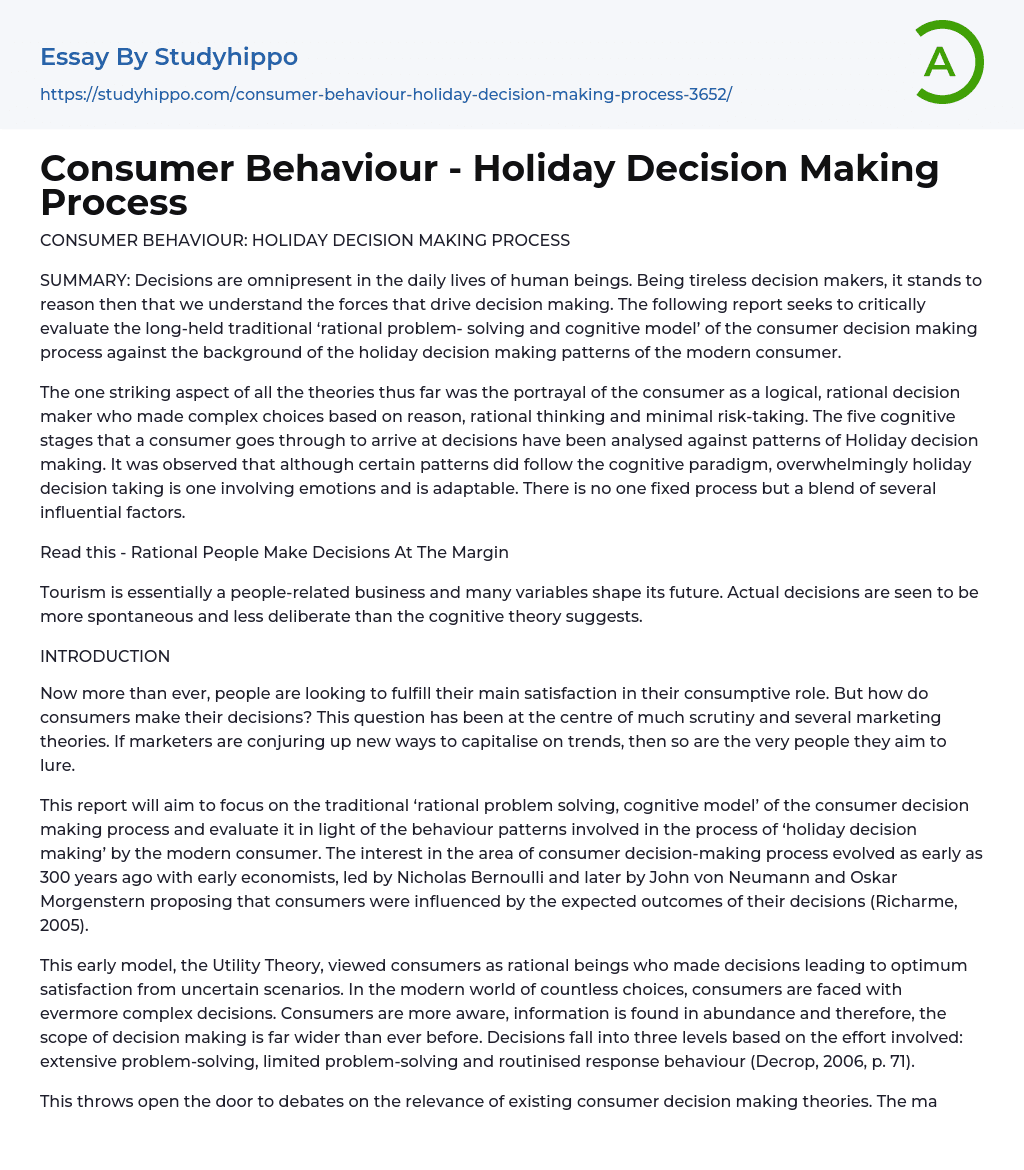 Consumer Behaviour – Holiday Decision Making Process Essay Example