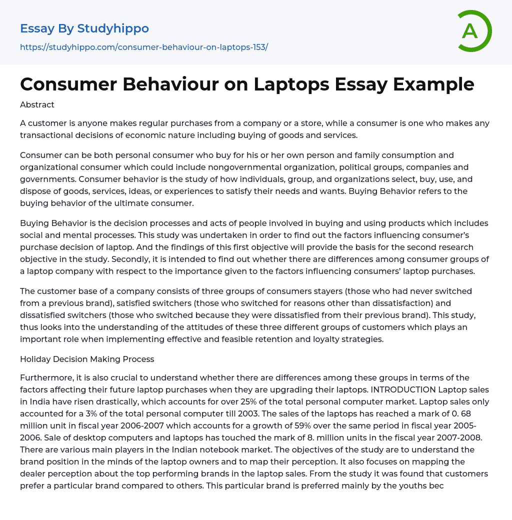 Consumer Behaviour on Laptops Essay Example