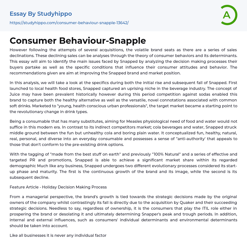Consumer Behaviour-Snapple Essay Example