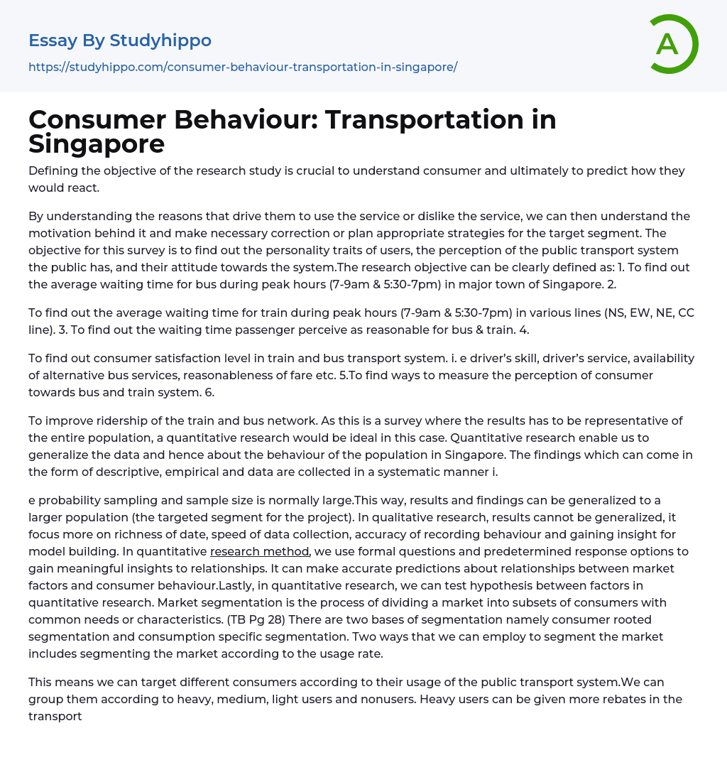 Consumer Behaviour: Transportation in Singapore Essay Example