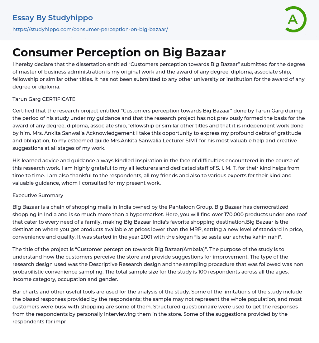 Consumer Perception on Big Bazaar Essay Example