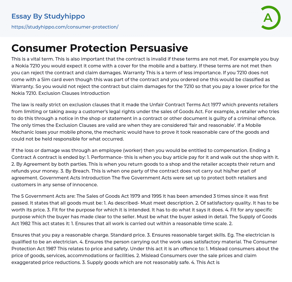 Consumer Protection Persuasive Essay Example