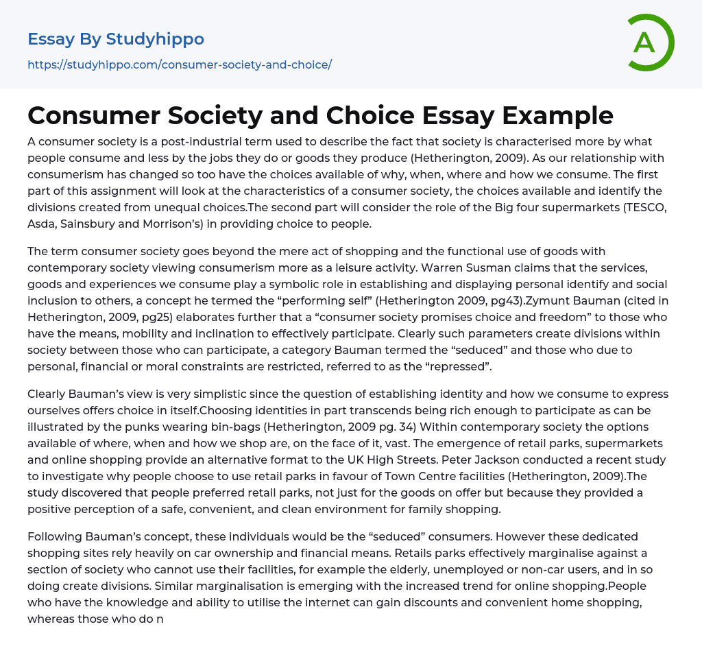 Consumer Society and Choice Essay Example