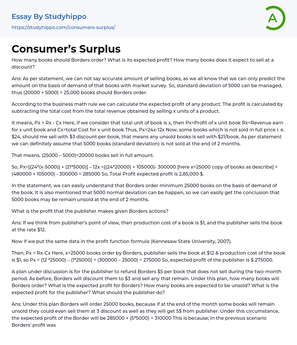 Consumer’s Surplus Essay Example