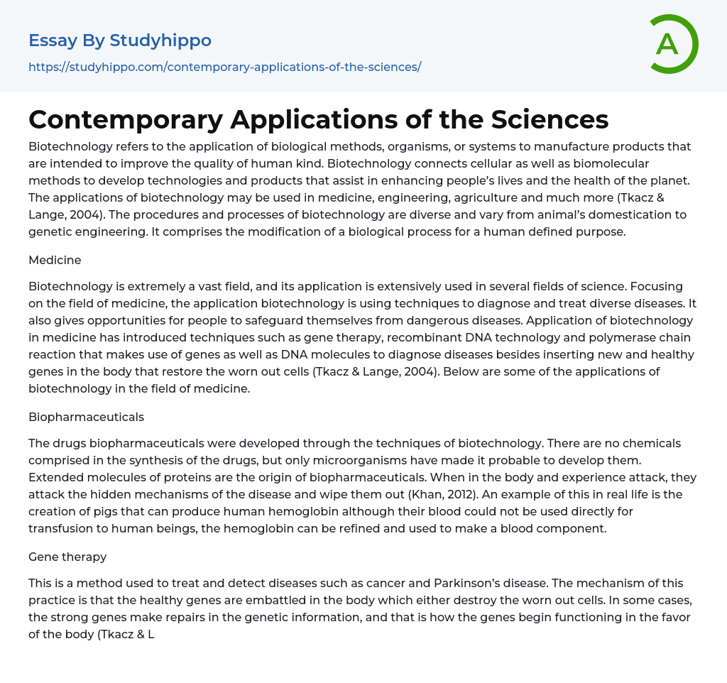 Contemporary Applications of the Sciences Essay Example