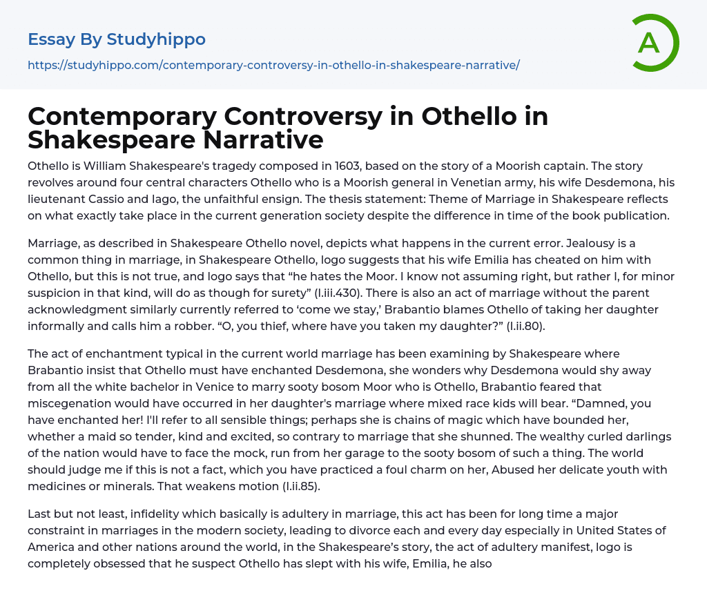 Contemporary Controversy in Othello in Shakespeare Narrative Essay Example