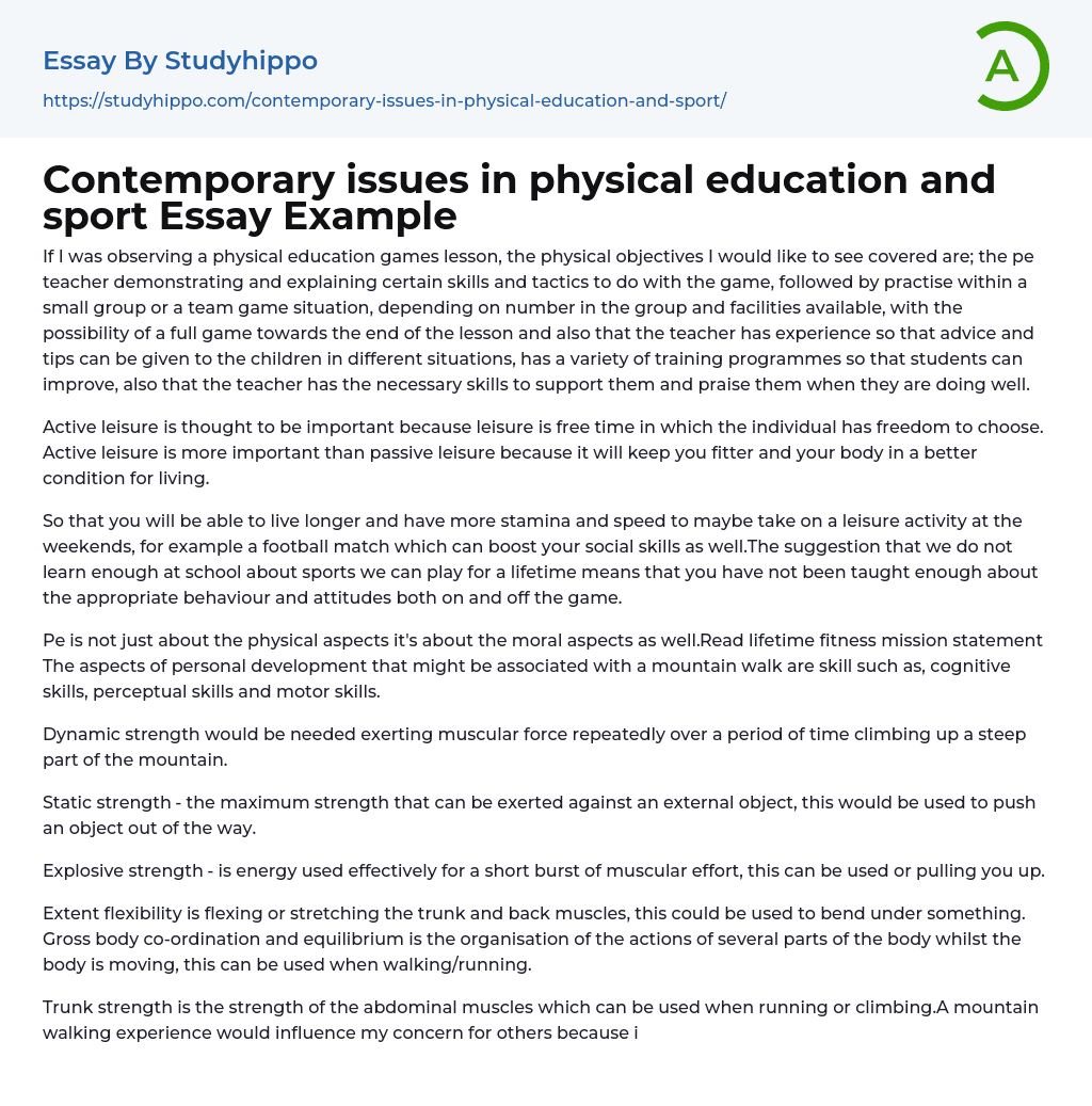 Contemporary issues in physical education and sport Essay Example