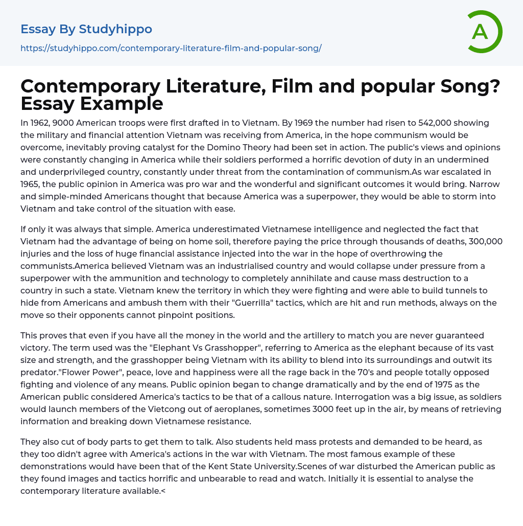 Contemporary Literature, Film and popular Song? Essay Example