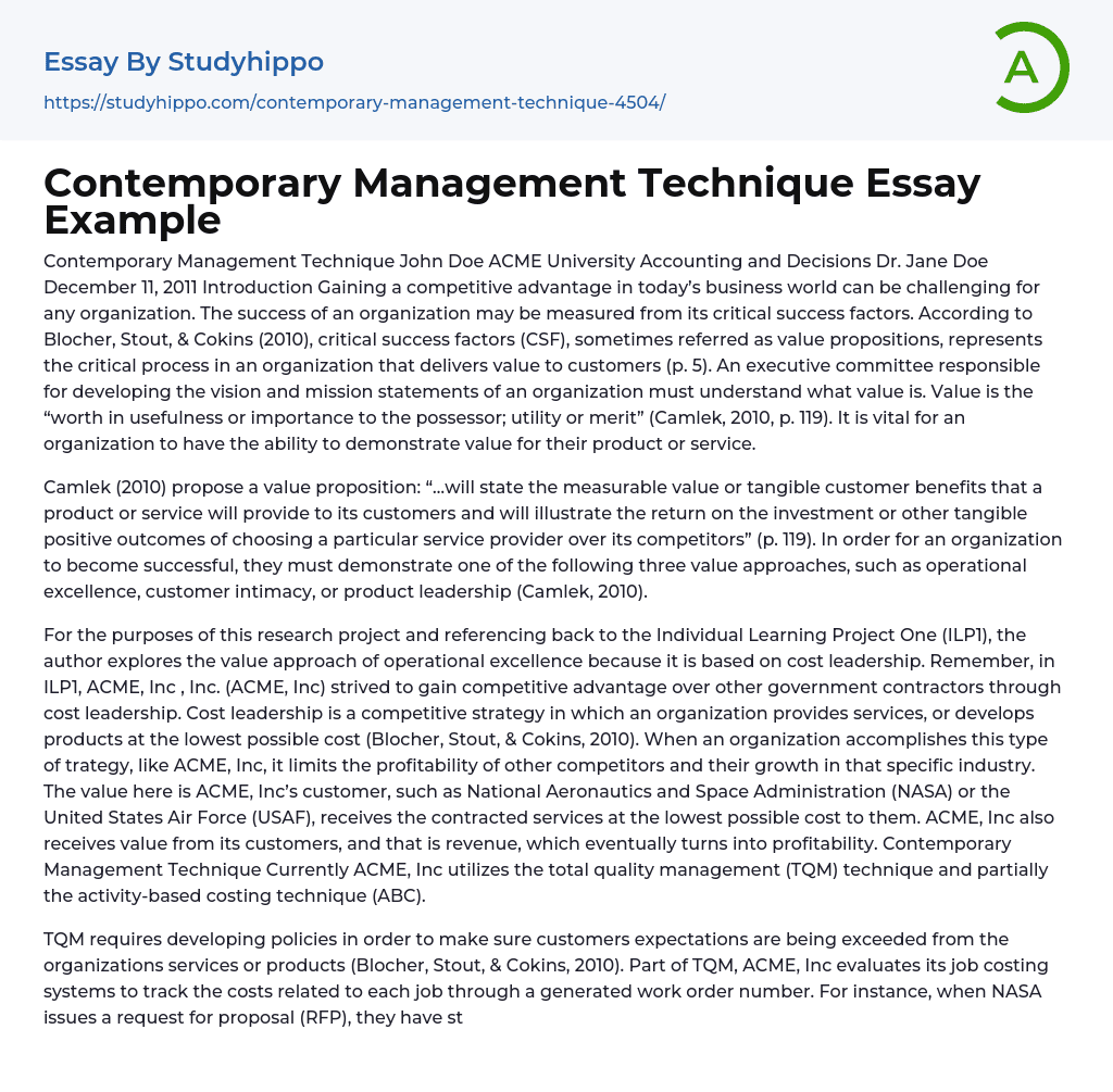 Contemporary Management Technique Essay Example