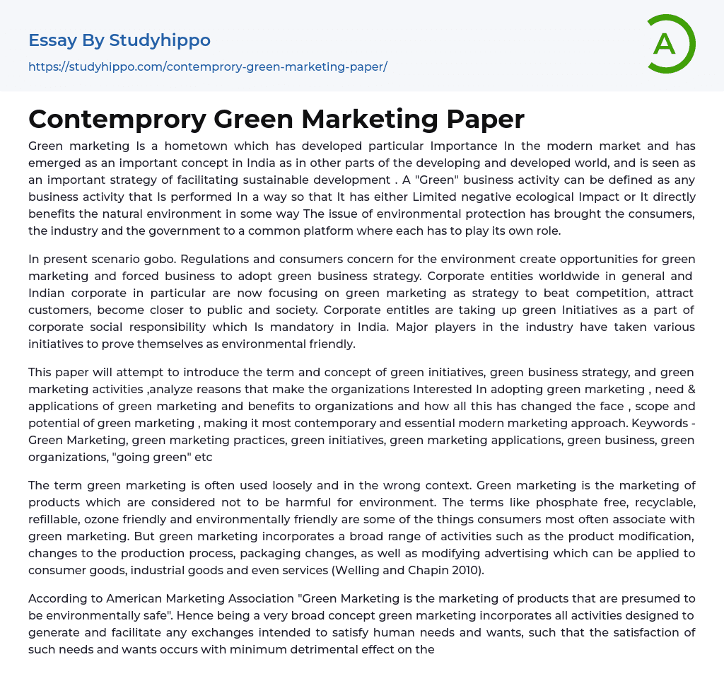 Contemprory Green Marketing Paper Essay Example