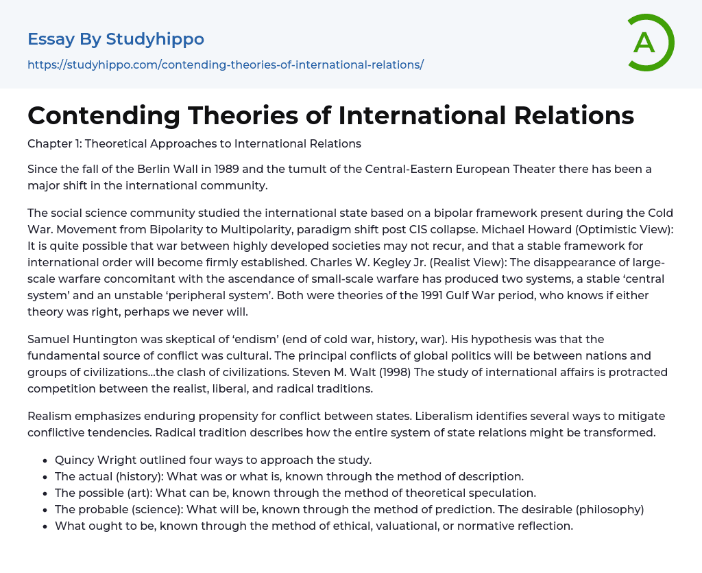 Contending Theories of International Relations Essay Example