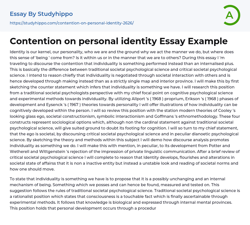 Contention on personal identity Essay Example