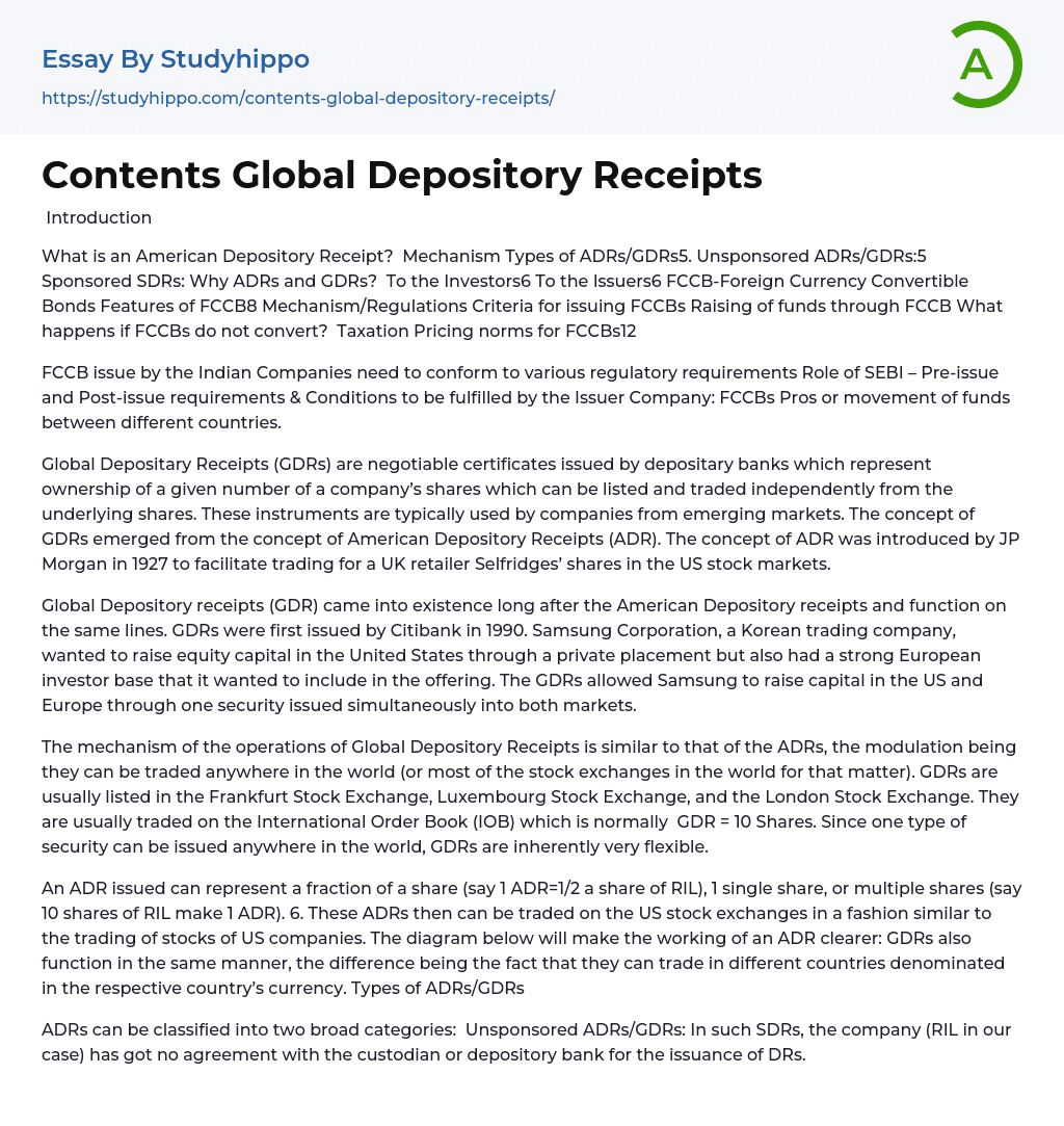 Contents Global Depository Receipts Essay Example