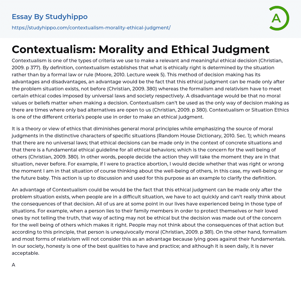 Contextualism: Morality and Ethical Judgment Essay Example