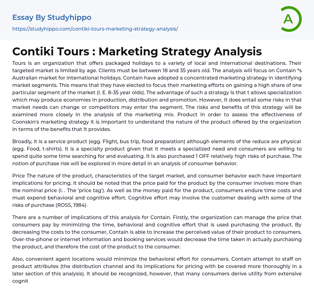 Contiki Tours : Marketing Strategy Analysis Essay Example