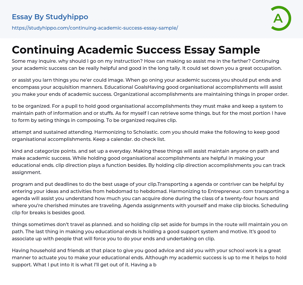 Continuing Academic Success Essay Sample