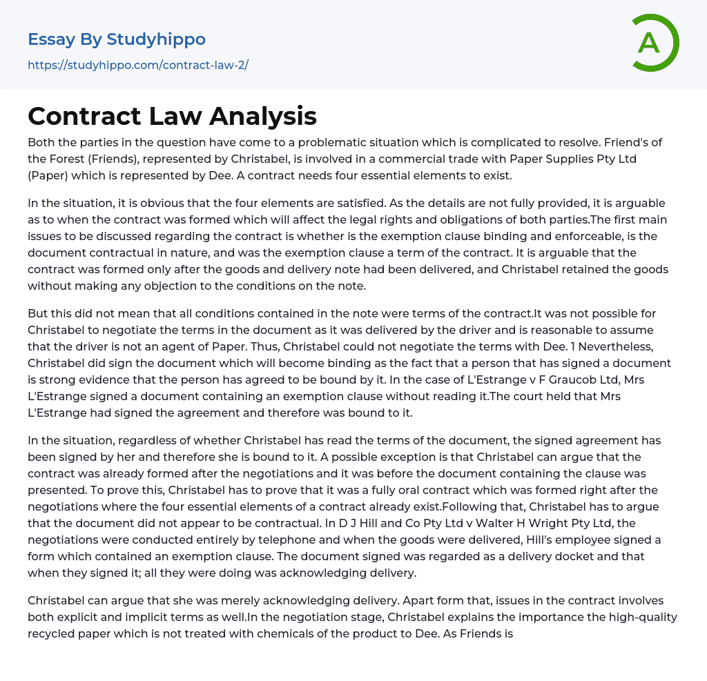 Contract Law Analysis Essay Example