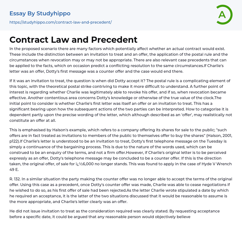Contract Law and Precedent Essay Example