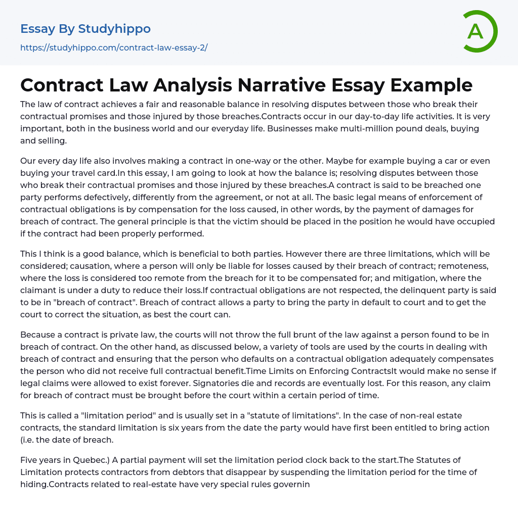 Contract Law Analysis Narrative Essay Example