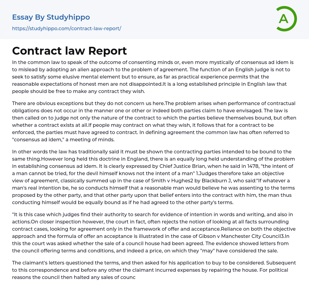 Contract law Report Essay Example