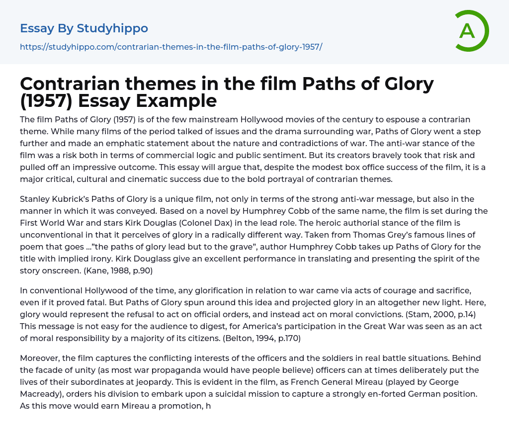 Contrarian themes in the film Paths of Glory (1957) Essay Example