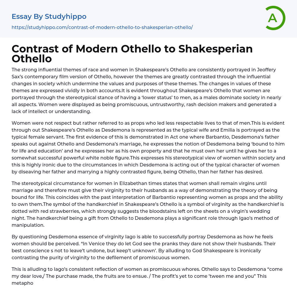 Contrast of Modern Othello to Shakesperian Othello Essay Example
