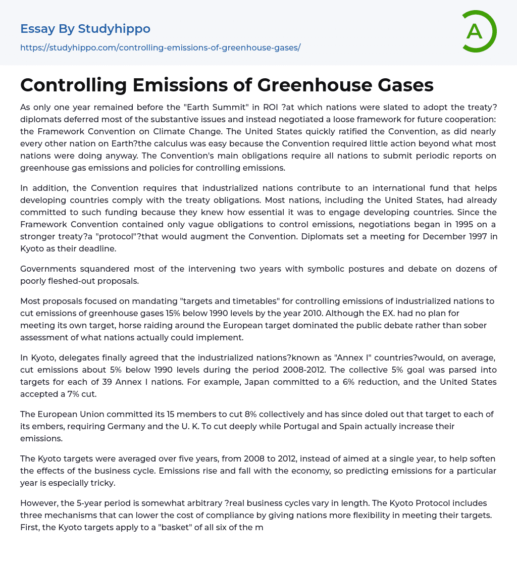 Controlling Emissions of Greenhouse Gases Essay Example