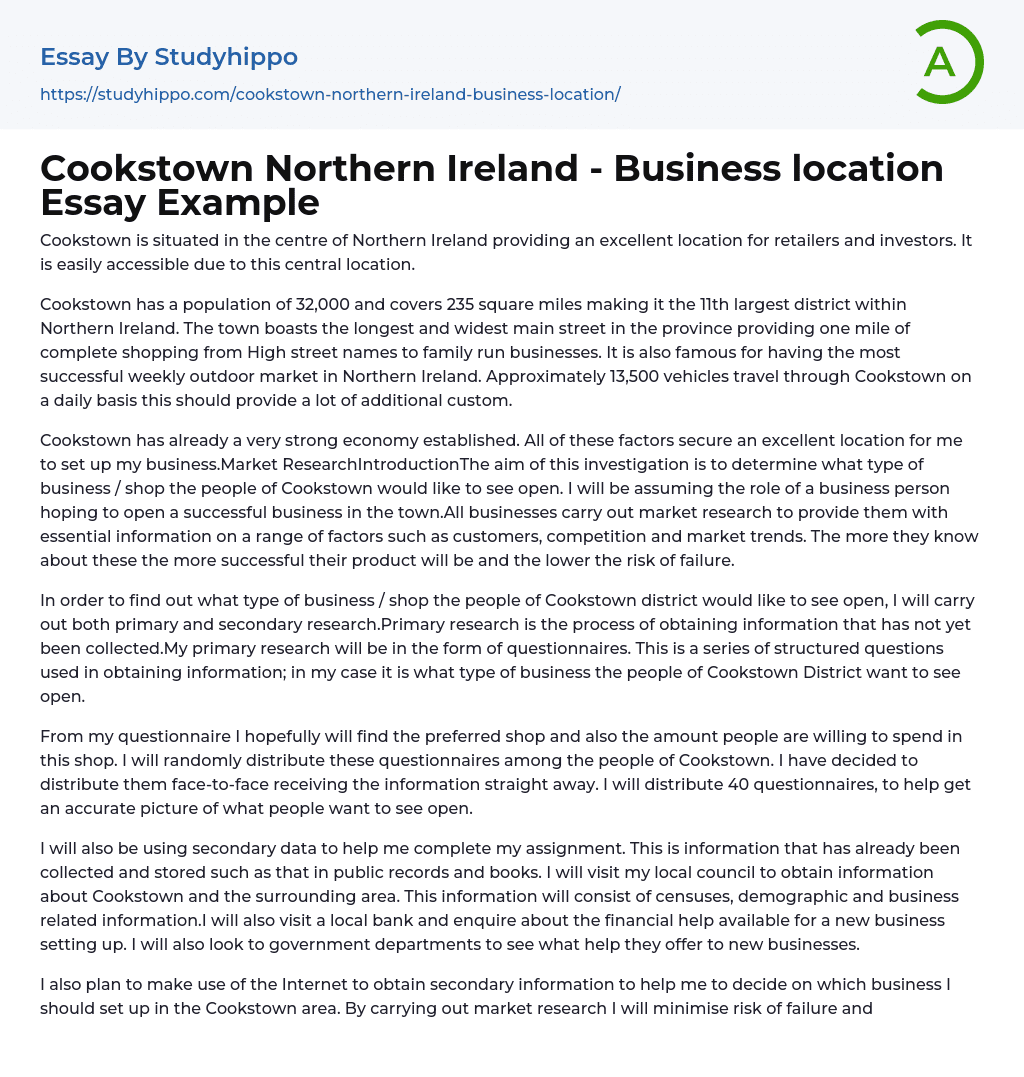 Cookstown Northern Ireland – Business location Essay Example