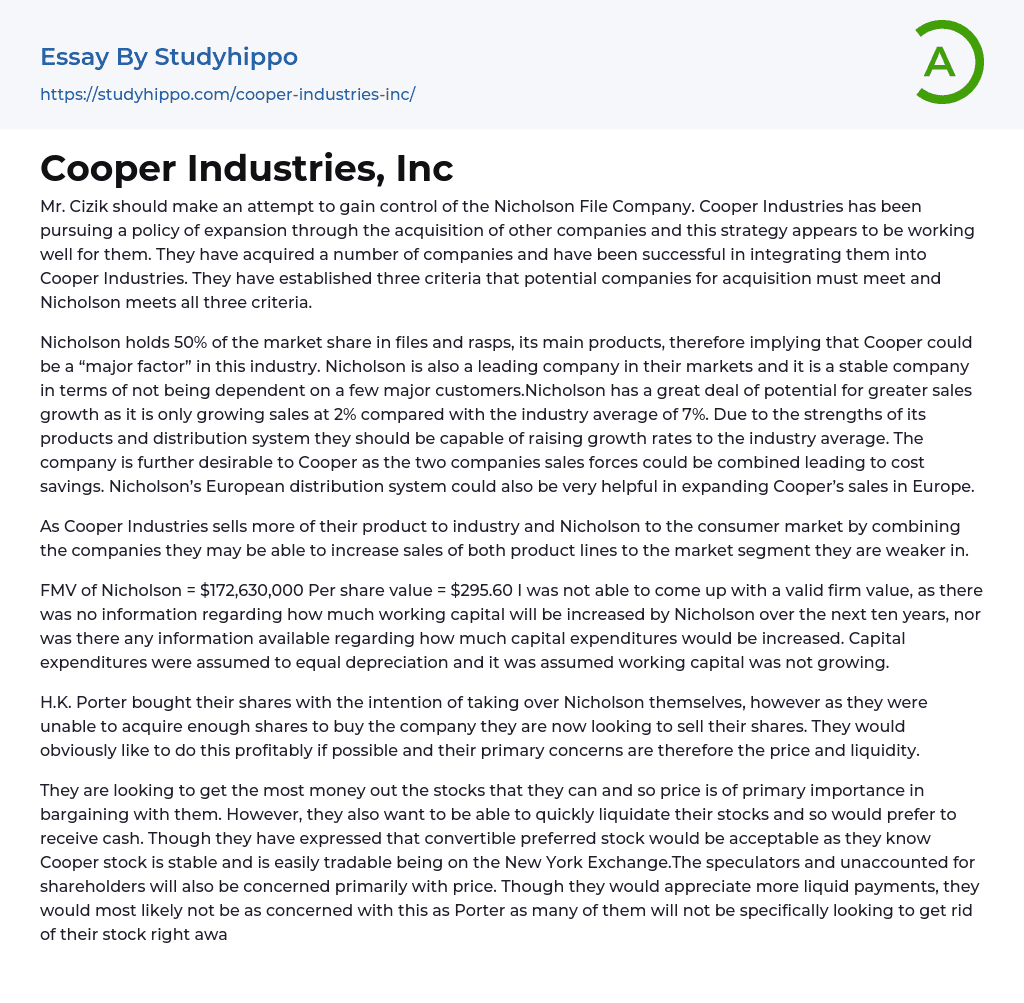 Cooper Industries, Inc Essay Example
