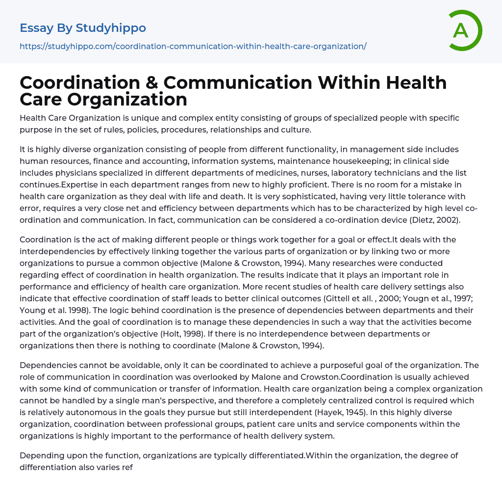 Coordination & Communication Within Health Care Organization Essay Example