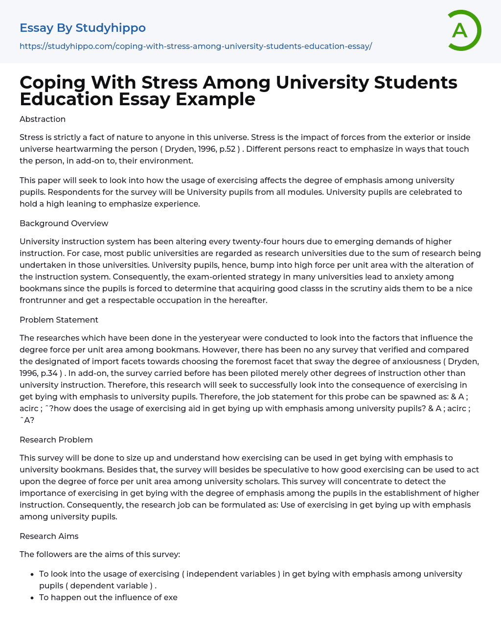 Coping With Stress Among University Students Education Essay Example