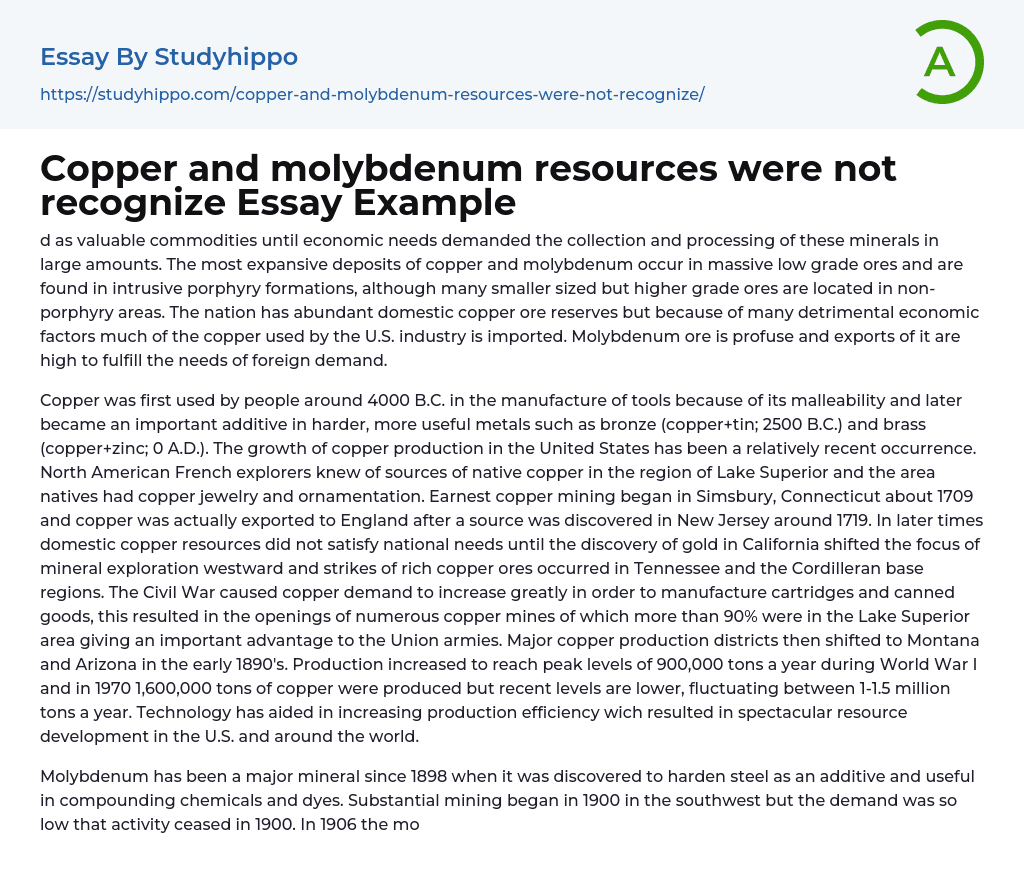 Copper and molybdenum resources were not recognize Essay Example