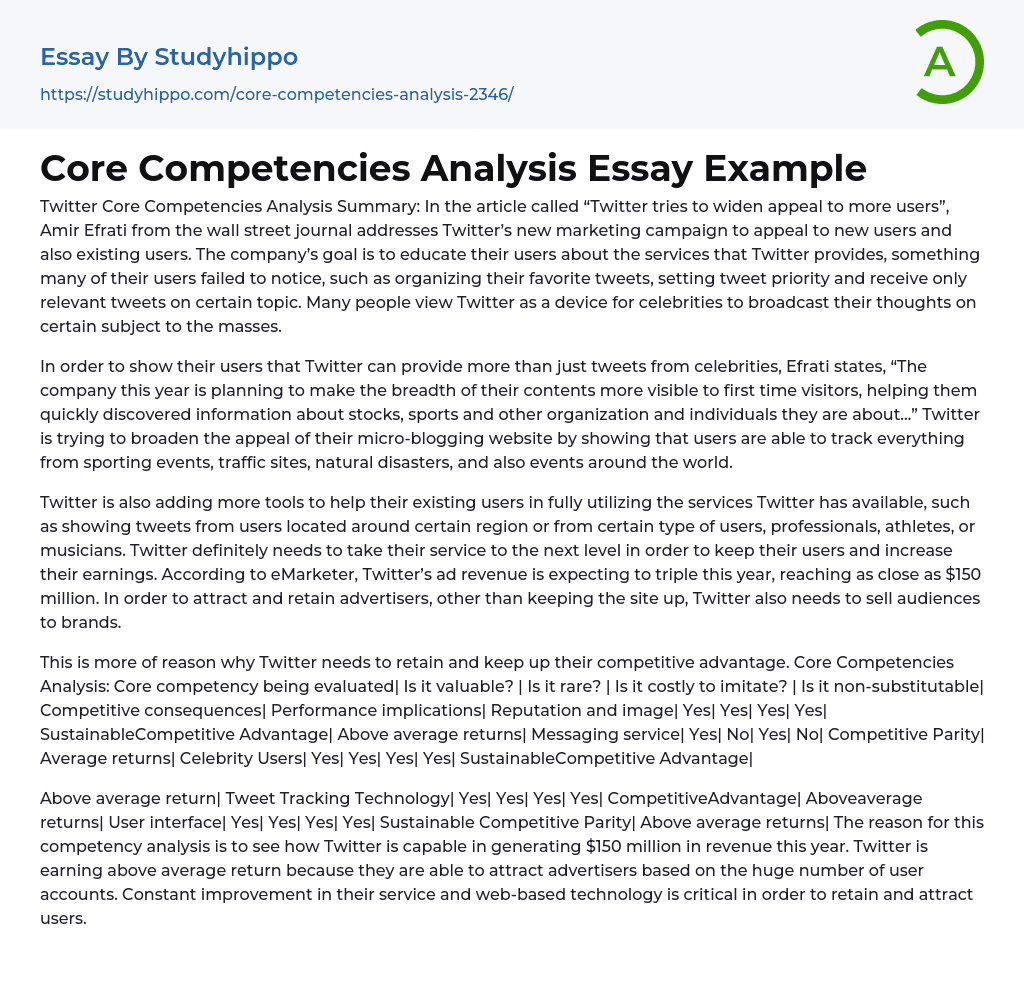 Core Competencies Analysis Essay Example