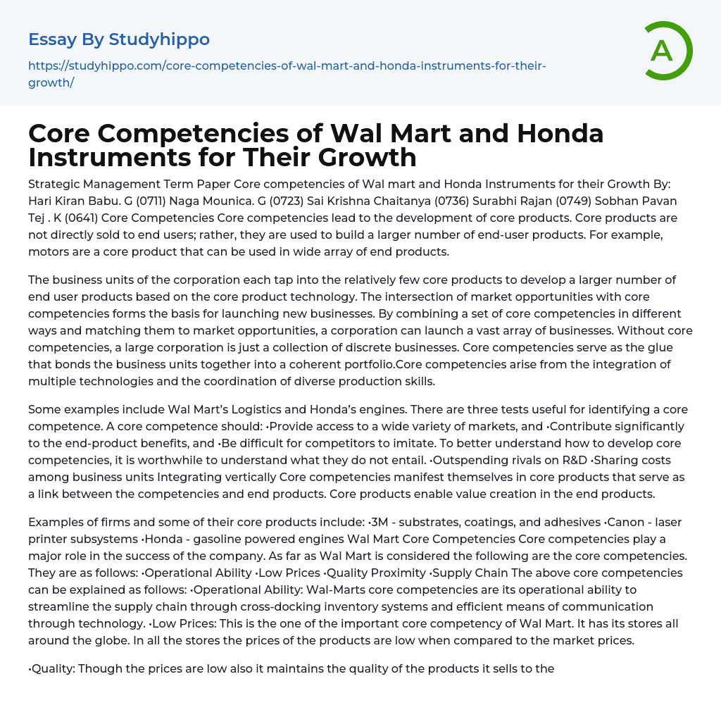 Core Competencies of Wal Mart and Honda Instruments for Their Growth Essay Example