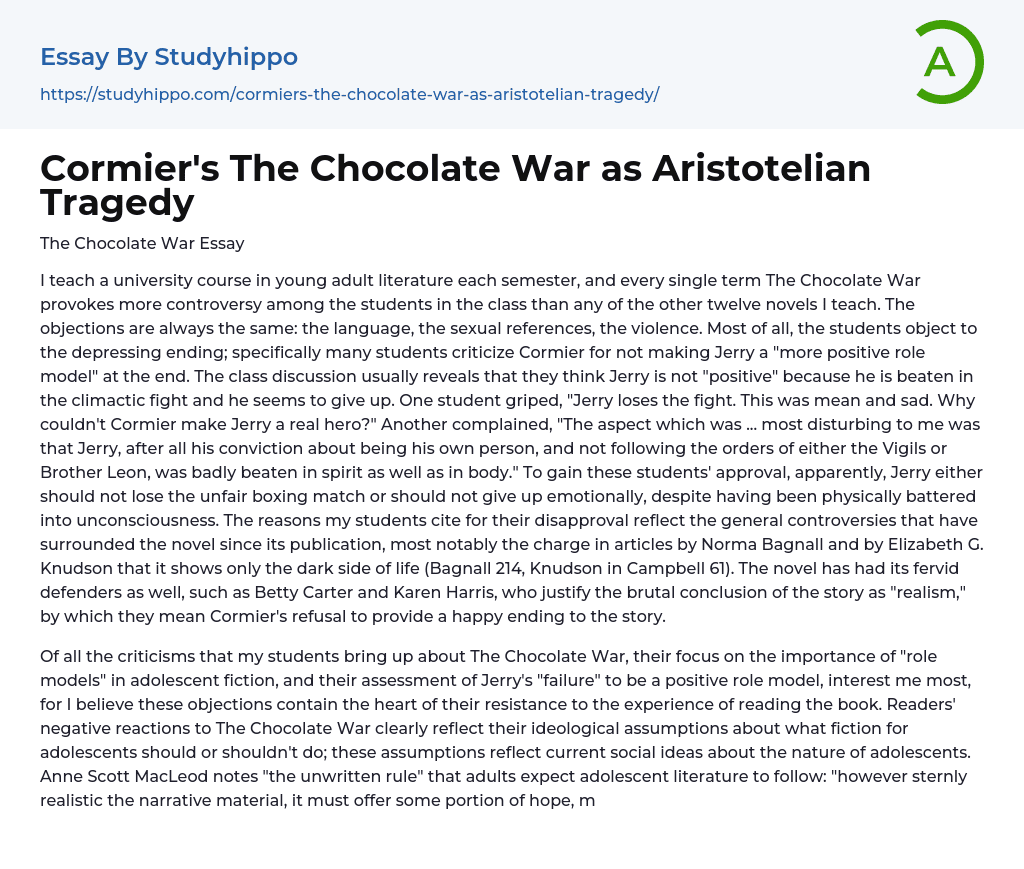 Cormier’s The Chocolate War as Aristotelian Tragedy Essay Example