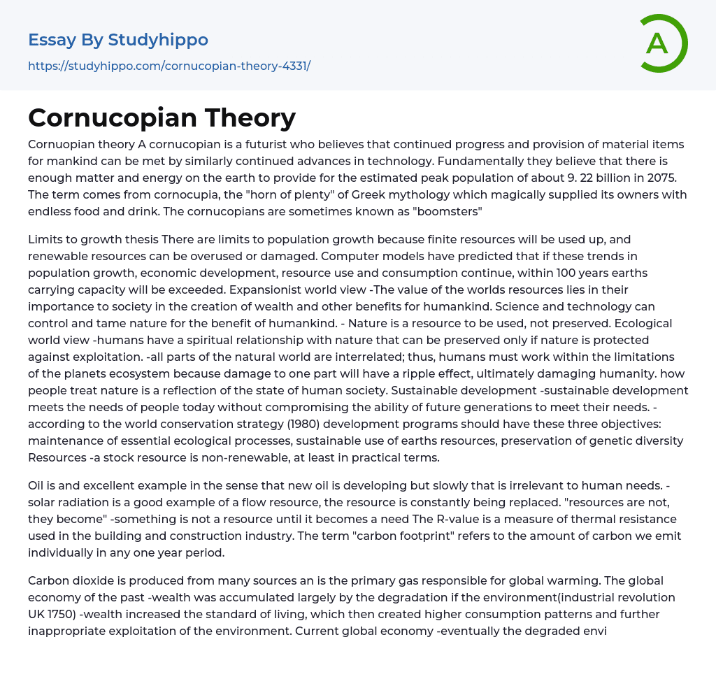 Cornucopian Theory Essay Example